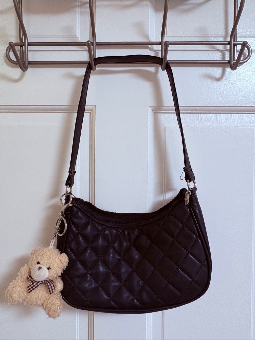 Quilted Black Shoulder Bag with Teddy Charm